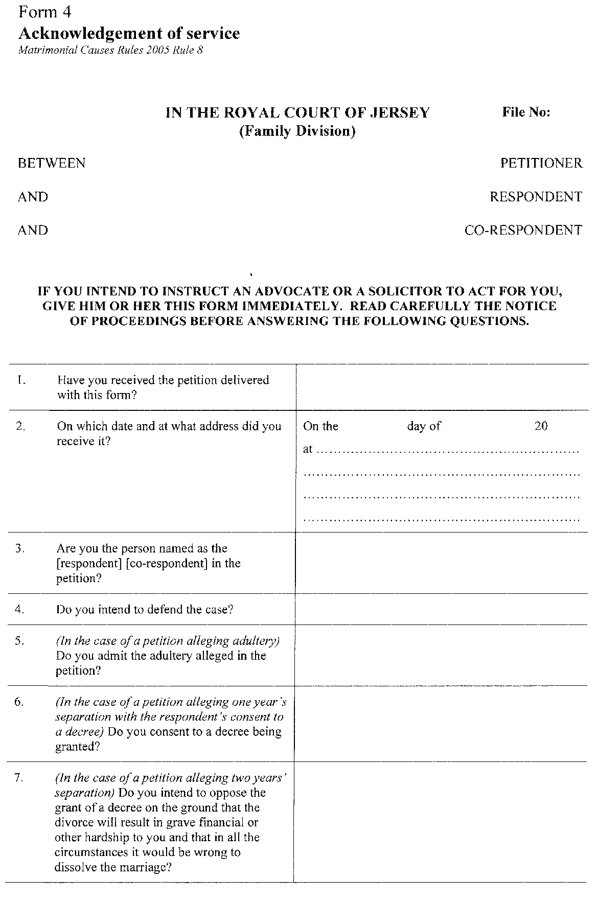 Form 4 - Acknowledgement of service