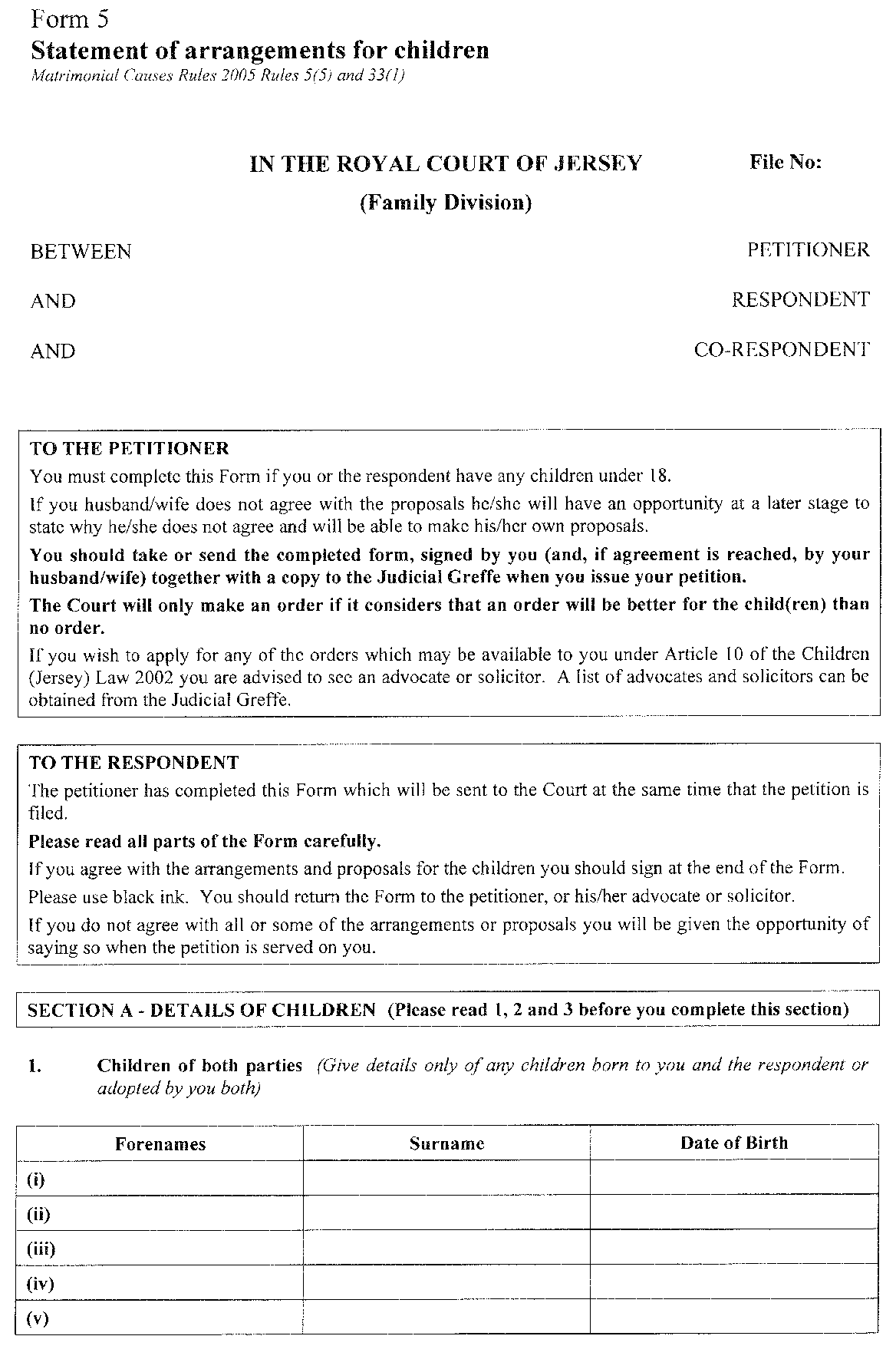 Form 5 - Statement of arrangements for children