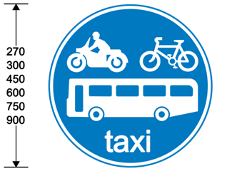 A blue circle with white text and a white bike, motorcycle and a bus