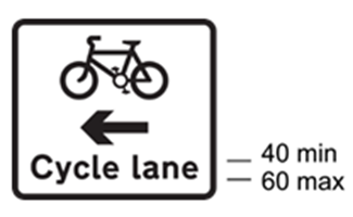 A black and white sign with a bicycle, arrow and text 