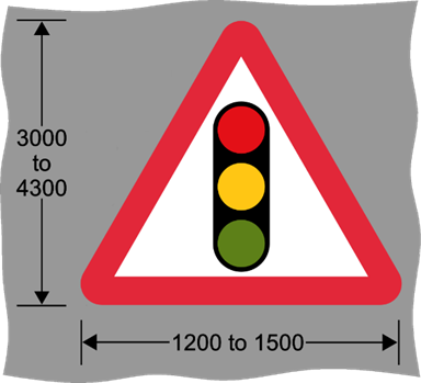 Red and white triangle road sign with image of traffic lights and measurements